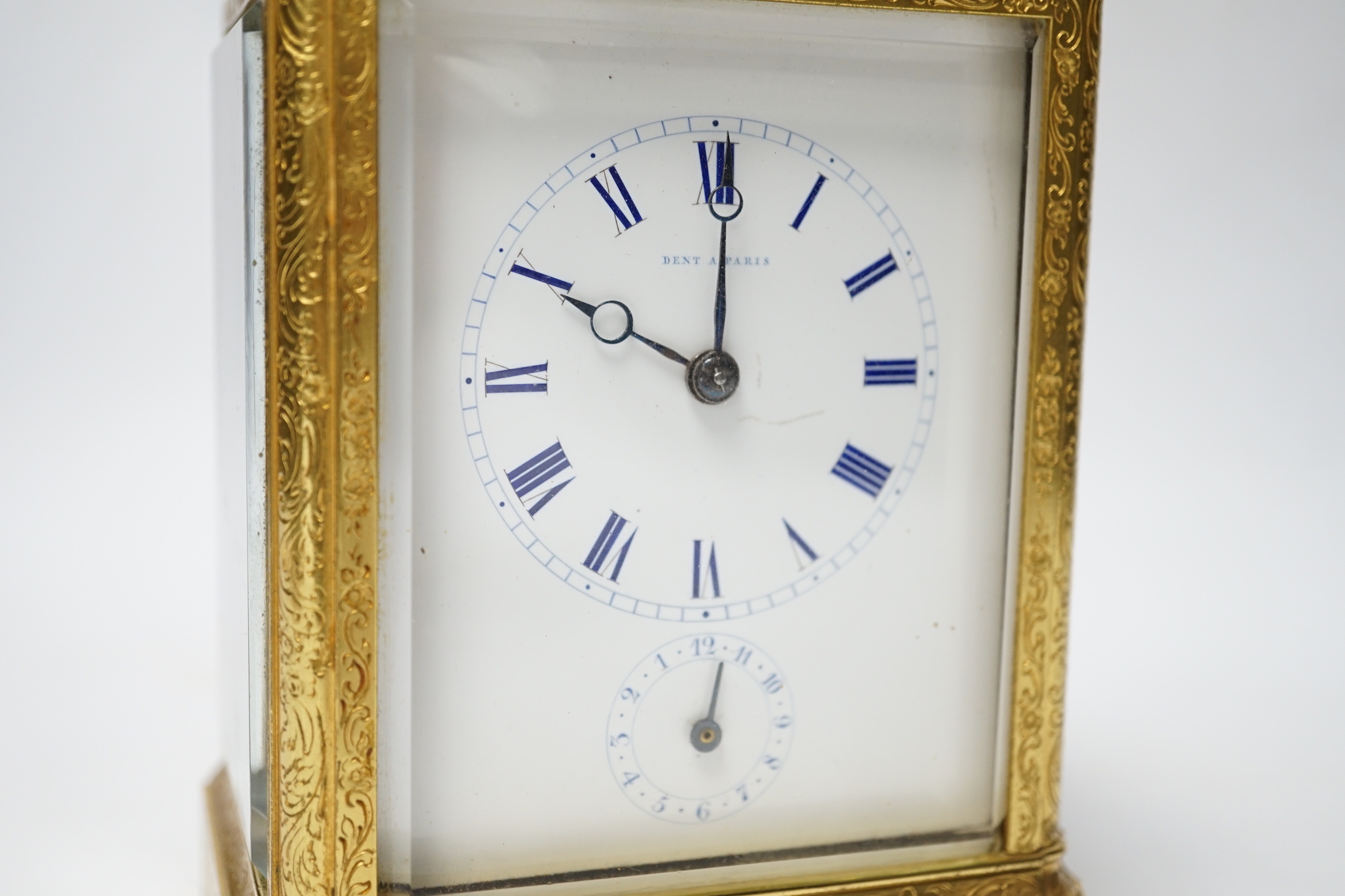 An ornate 19th century French repeating carriage clock with alarm, signed Dent a Paris, 13.5cm high